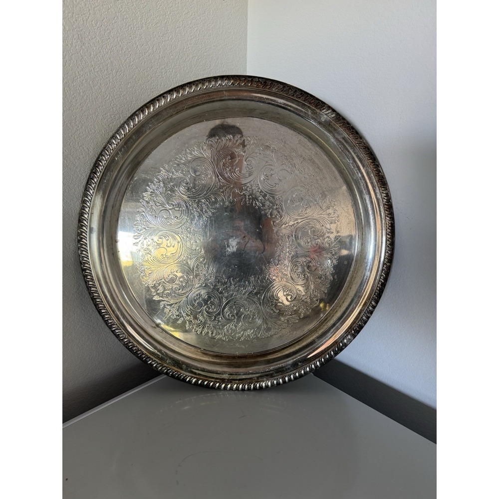 Vintage Sheridan Silver Plated 16" Round Serving Tray Platter Etched Rope Edge - Picture 2 of 10